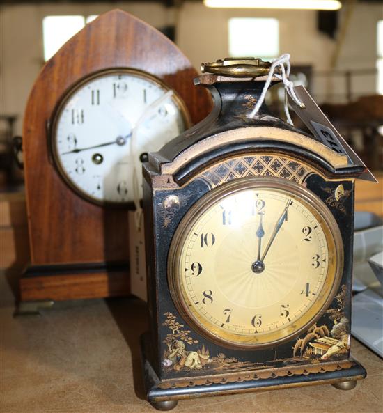 Edwardian mahogany lancet top mantel clock & a chinoiserie-lacquered small mantel timepiece